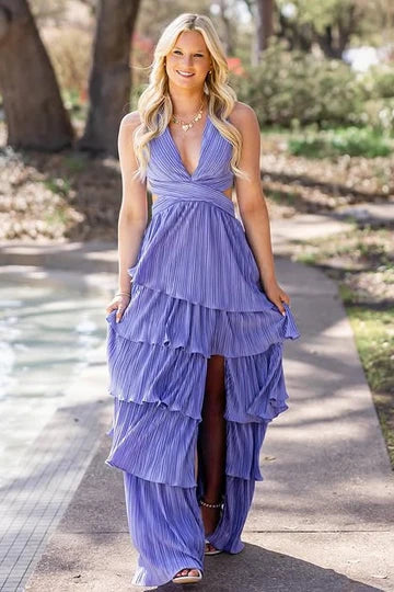 V-Neck Sleeveless Empire Tiered Party Prom Dress